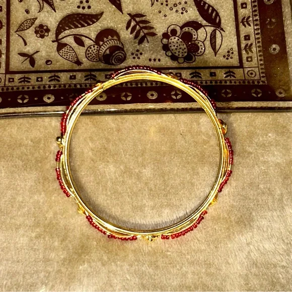 Gold-Tone Women’s Bangle Bracelet with Red Bead Accents - Picture 1 of 3
